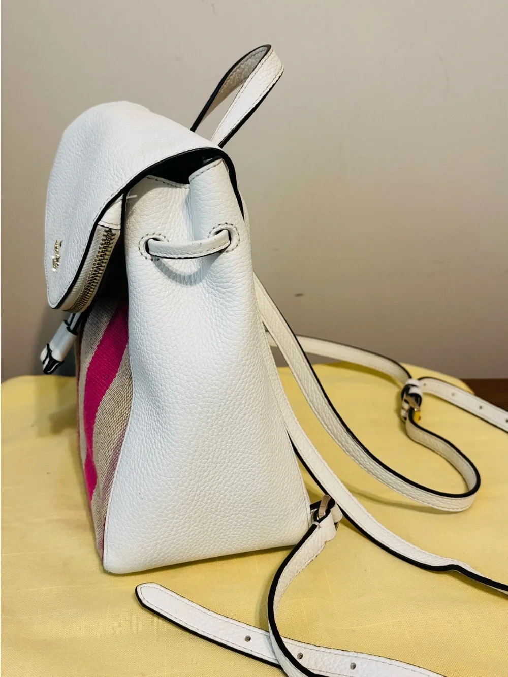 Kate Spade Women's White Striped Mini Backpack Leather Adjustable Strap Designer